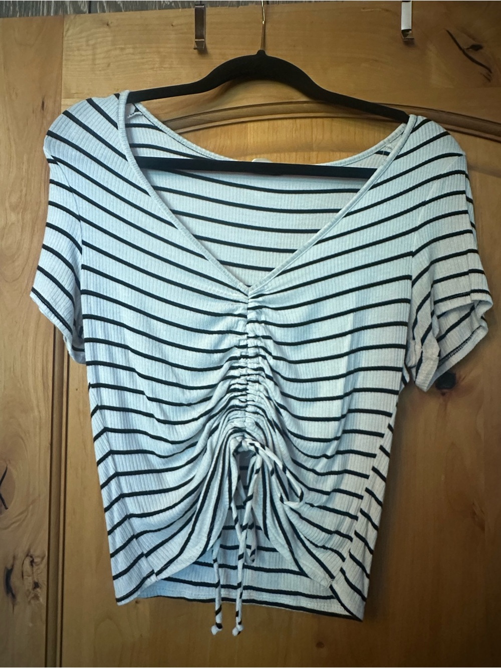 Striped Ruched V-Neck Mid-Crop Top